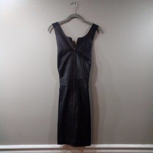 DNKY Black leather dress, zipper front, cross-body back, sleeveless, knee length